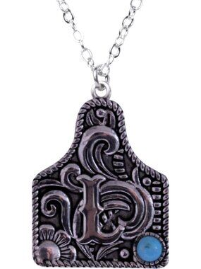 Western Cattle Tag Initial Necklace - 925 Sterling Silver & Kingman Turquoise